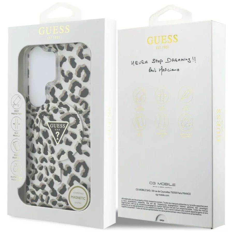Etui Guess IML Leopard Print Triangle MagSafe na Samsung Galaxy S26 Ultra - czarne