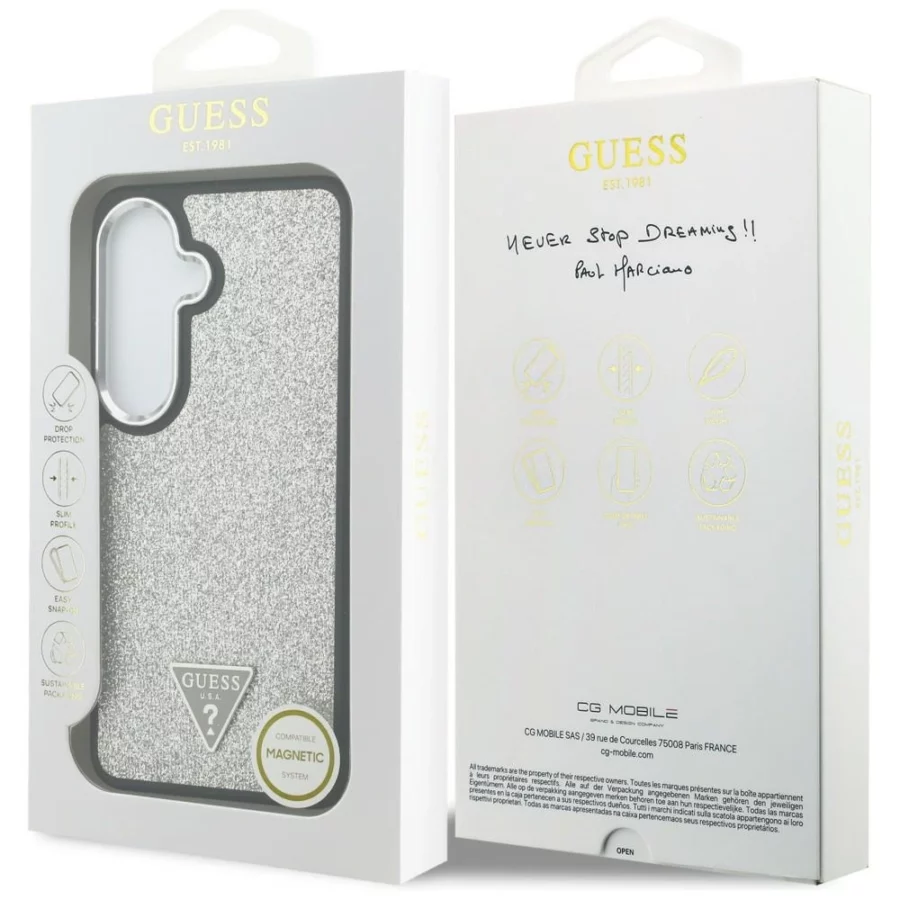 Etui Guess Fixed Glitter Triangle MagSafe na Samsung Galaxy S26 - srebrne