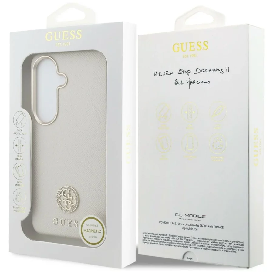 Etui Guess Rhinestone Round Logo MagSafe na Samsung Galaxy S26 - beżowe