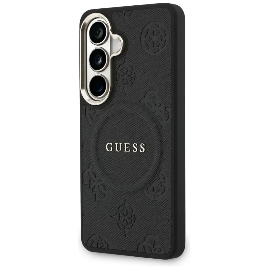 Etui Guess Saffiano Peony Embossed Ring MagSafe na Samsung Galaxy S26 - czarne