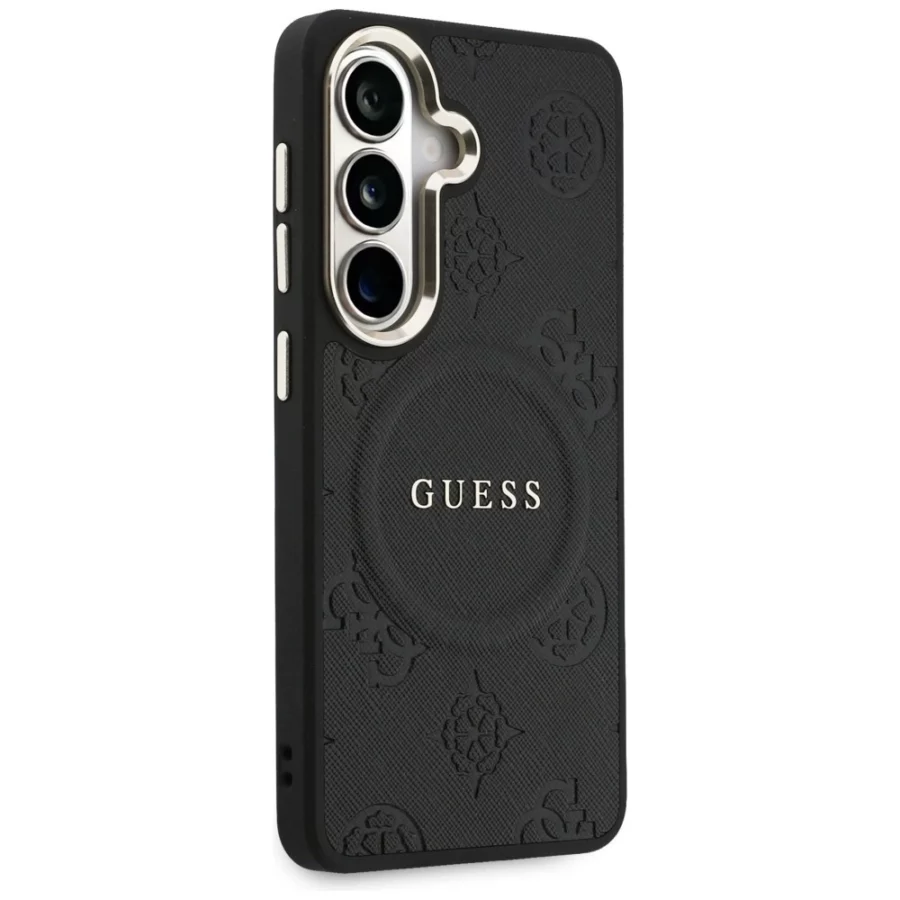 Etui Guess Saffiano Peony Embossed Ring MagSafe na Samsung Galaxy S26 - czarne