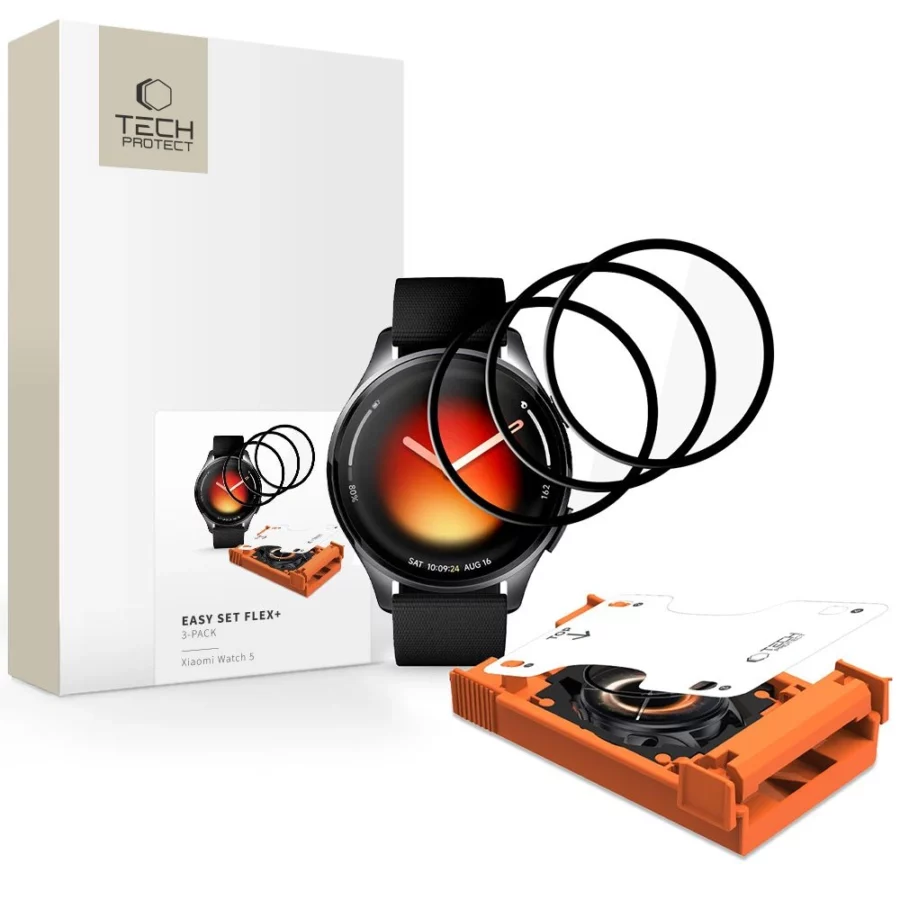 Szkło hybrydowe Tech-Protect Easy Set Flex+ 3-Pack na Xiaomi Watch 5 - czarne
