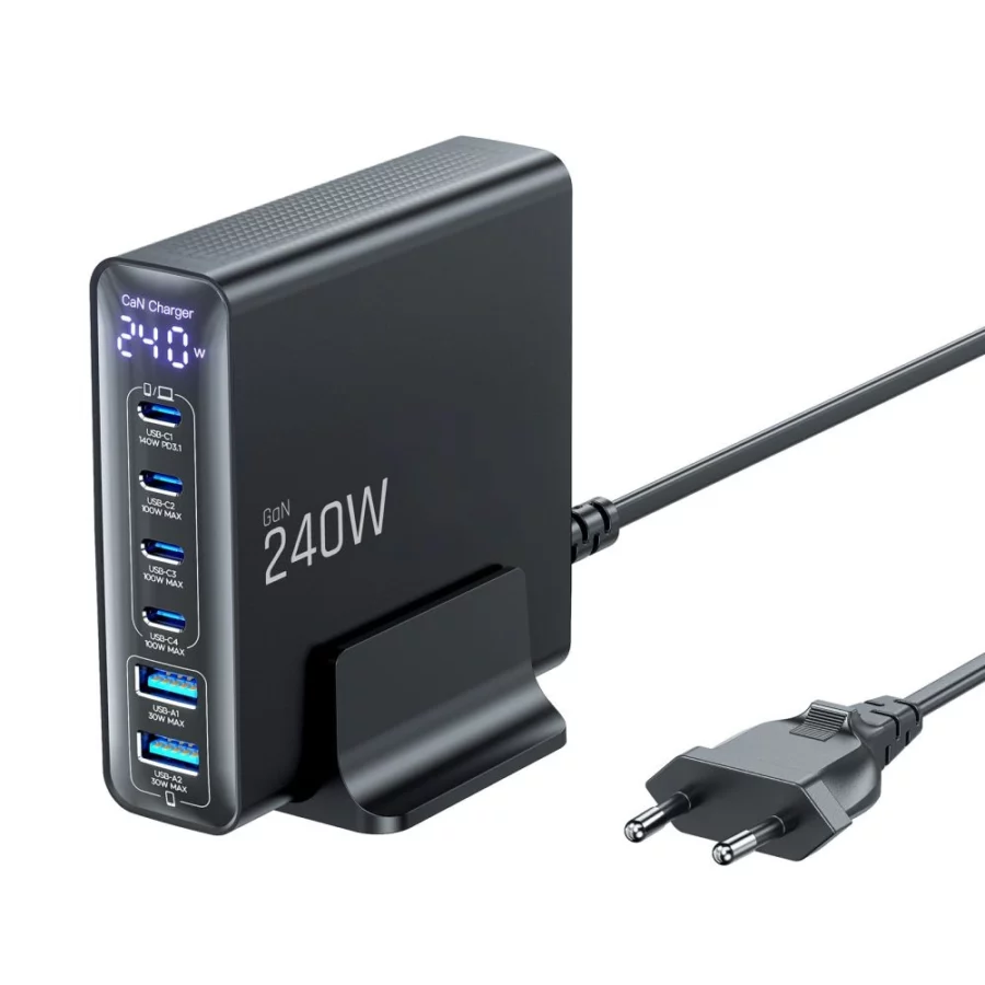 Stacja ładująca Tech-Protect DC240W-GaN 6 portów 4 x USB-C 2 x USB-A 240W QC3.0 - czarna
