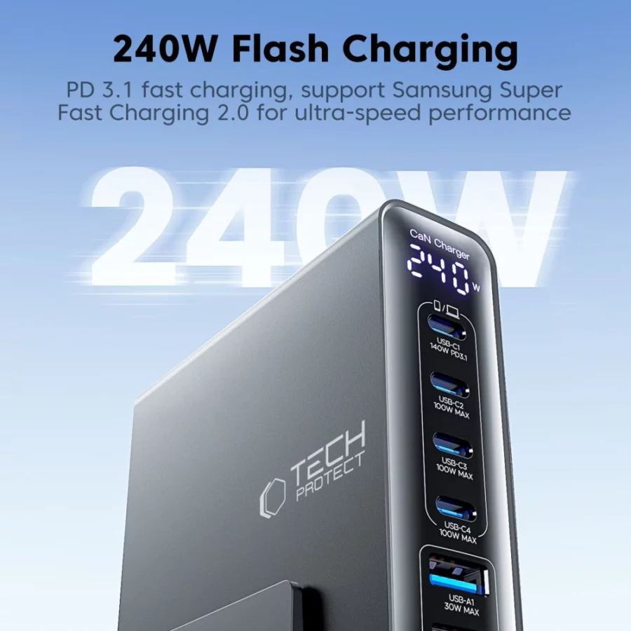 Stacja ładująca Tech-Protect DC240W-GaN 6 portów 4 x USB-C 2 x USB-A 240W QC3.0 - czarna