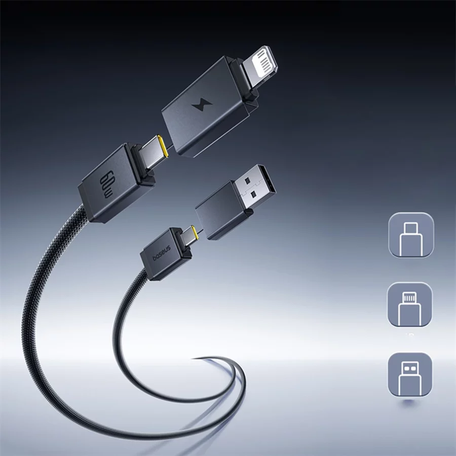 Kabel Baseus Versatile 60W USB-C - USB-C z adapterami USB-A i Lightning 0.6 m - czarny