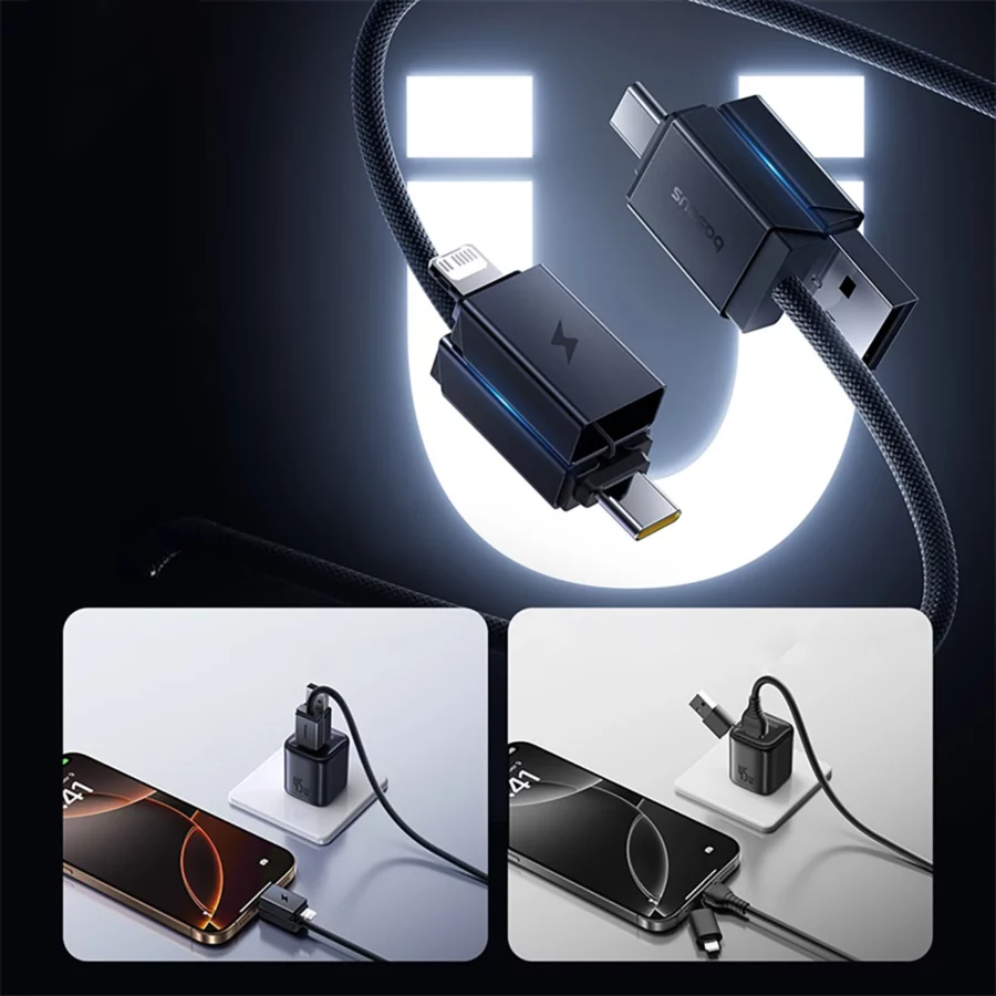 Kabel Baseus Versatile 60W USB-C - USB-C z adapterami USB-A i Lightning 0.6 m - czarny