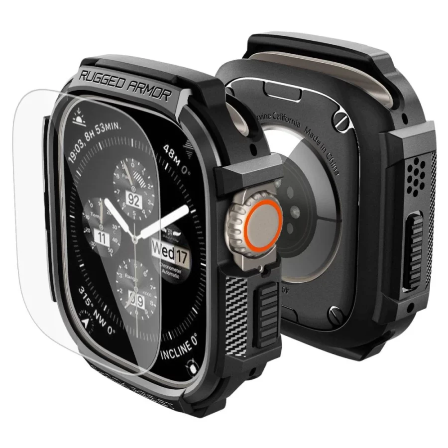 Etui Spigen Rugged Armor + Szkło hartowane 9H na Apple Watch Ultra 49 mm - czarne matowe