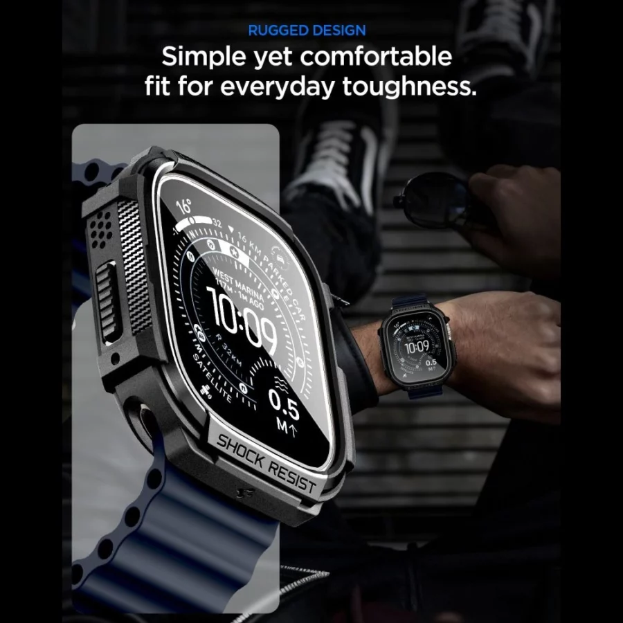 Etui Spigen Rugged Armor + Szkło hartowane 9H na Apple Watch Ultra 49 mm - czarne matowe