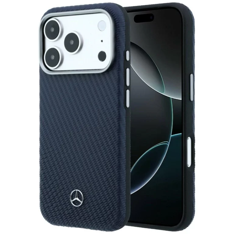 Etui Mercedes Leather Semi Wrap Wood Effect MagSafe na iPhone 17 Pro Max - granatowe