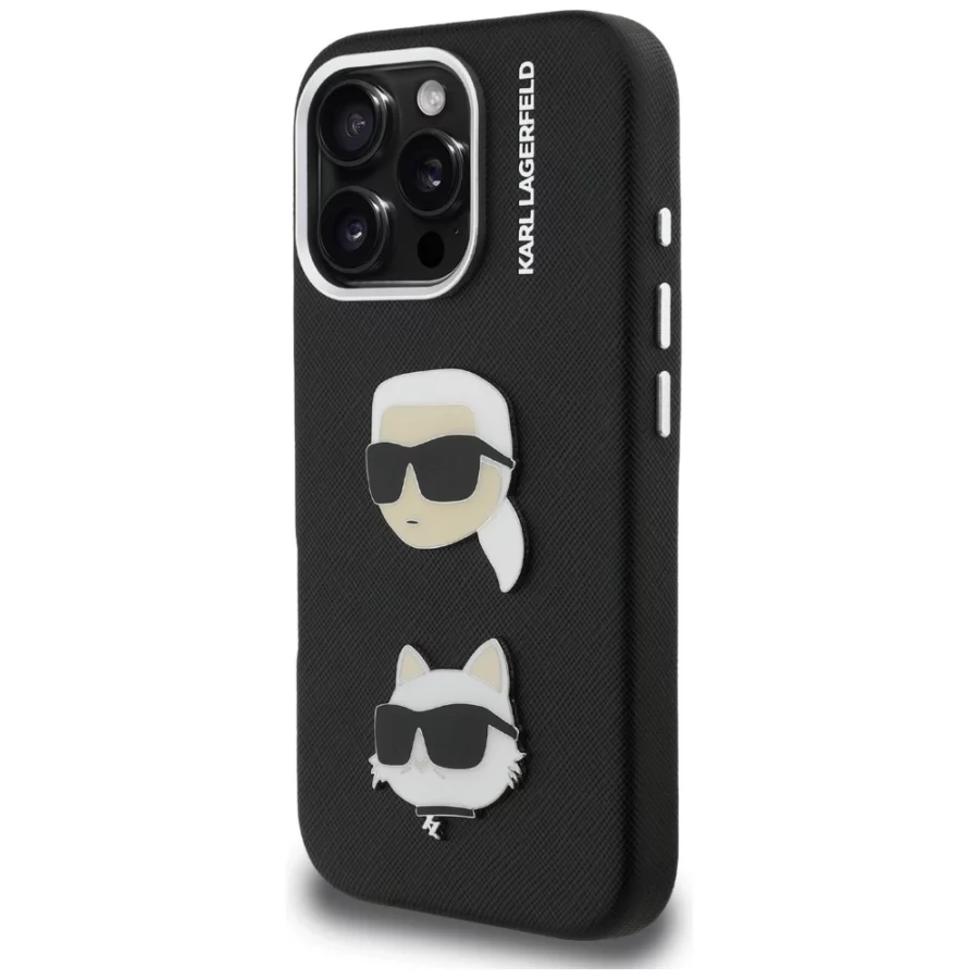Etui Karl Lagerfeld FW Grained Karl & Choupette Heads Pins na iPhone 16 Pro - czarne