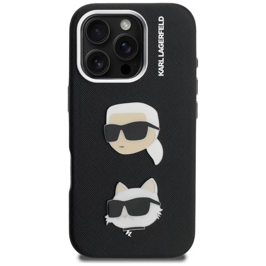 Etui Karl Lagerfeld FW Grained Karl & Choupette Heads Pins na iPhone 16 Pro - czarne
