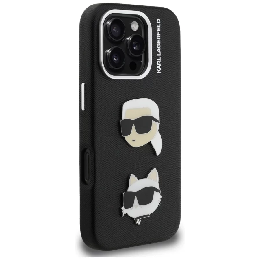 Etui Karl Lagerfeld FW Grained Karl & Choupette Heads Pins na iPhone 16 Pro - czarne