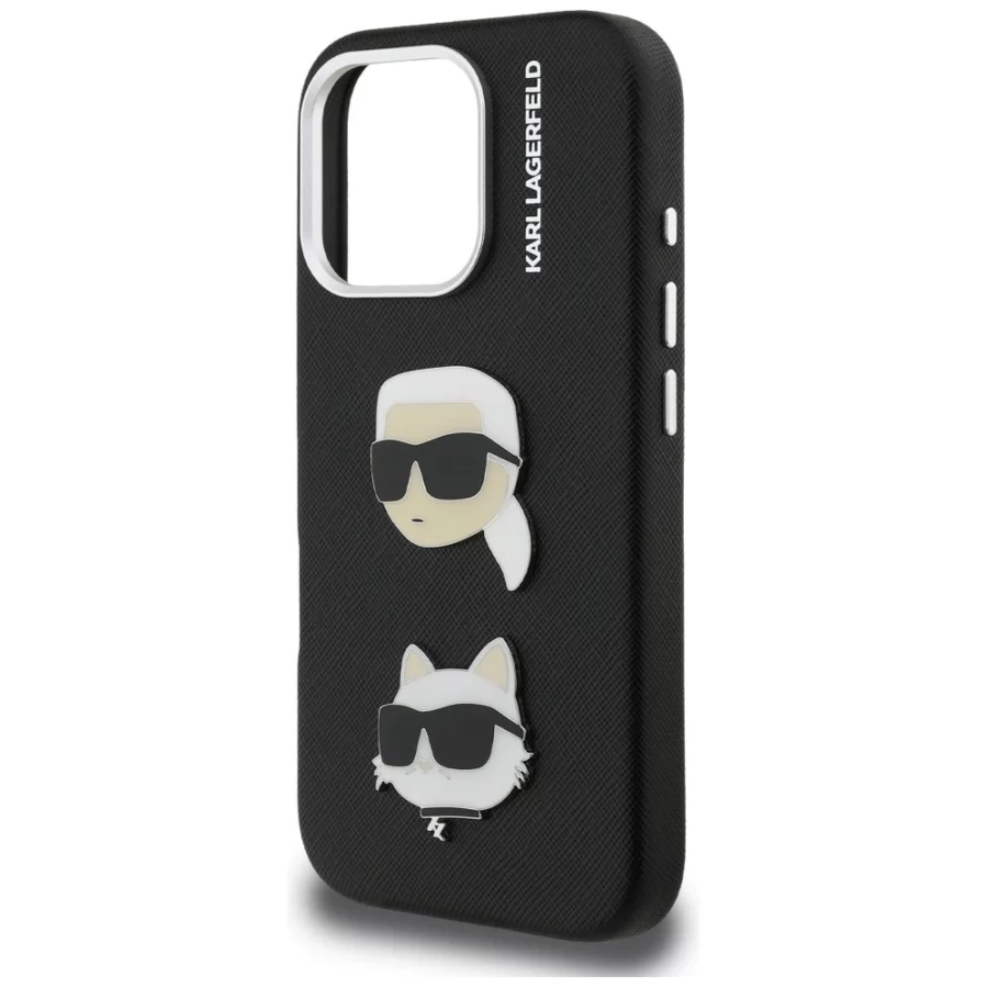 Etui Karl Lagerfeld FW Grained Karl & Choupette Heads Pins na iPhone 16 Pro - czarne