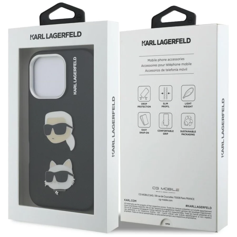 Etui Karl Lagerfeld FW Grained Karl & Choupette Heads Pins na iPhone 16 Pro - czarne