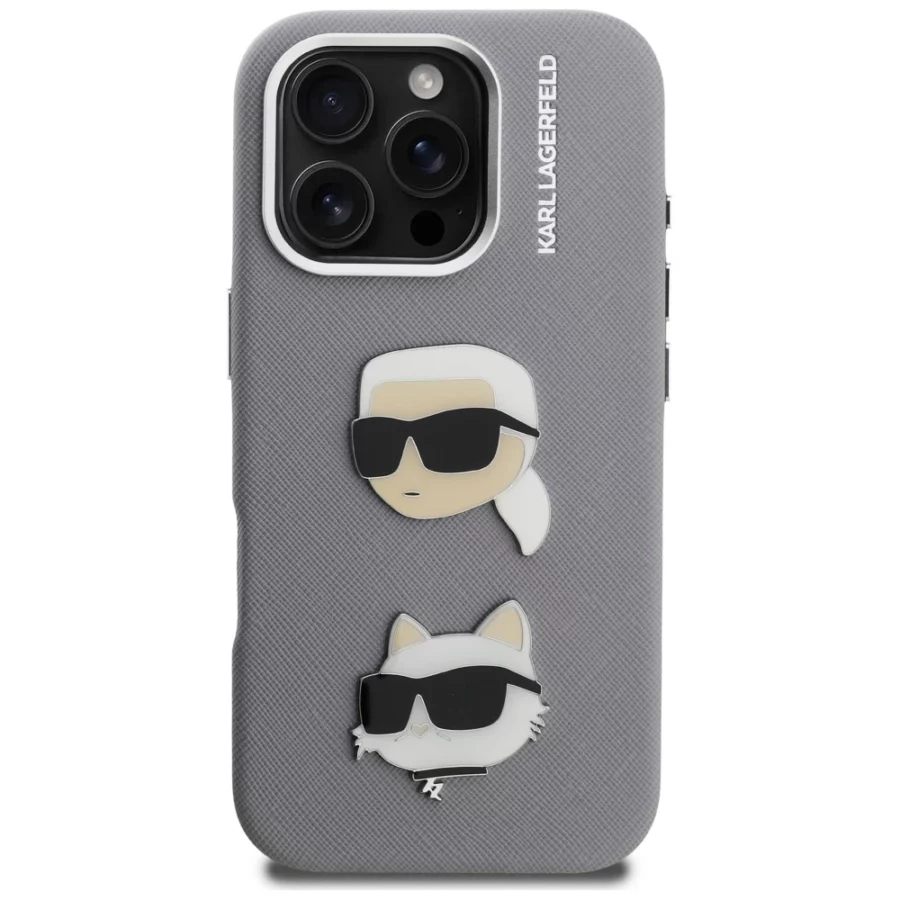 Etui Karl Lagerfeld FW Grained Karl & Choupette Heads Pins na iPhone 16 Pro Max - szare