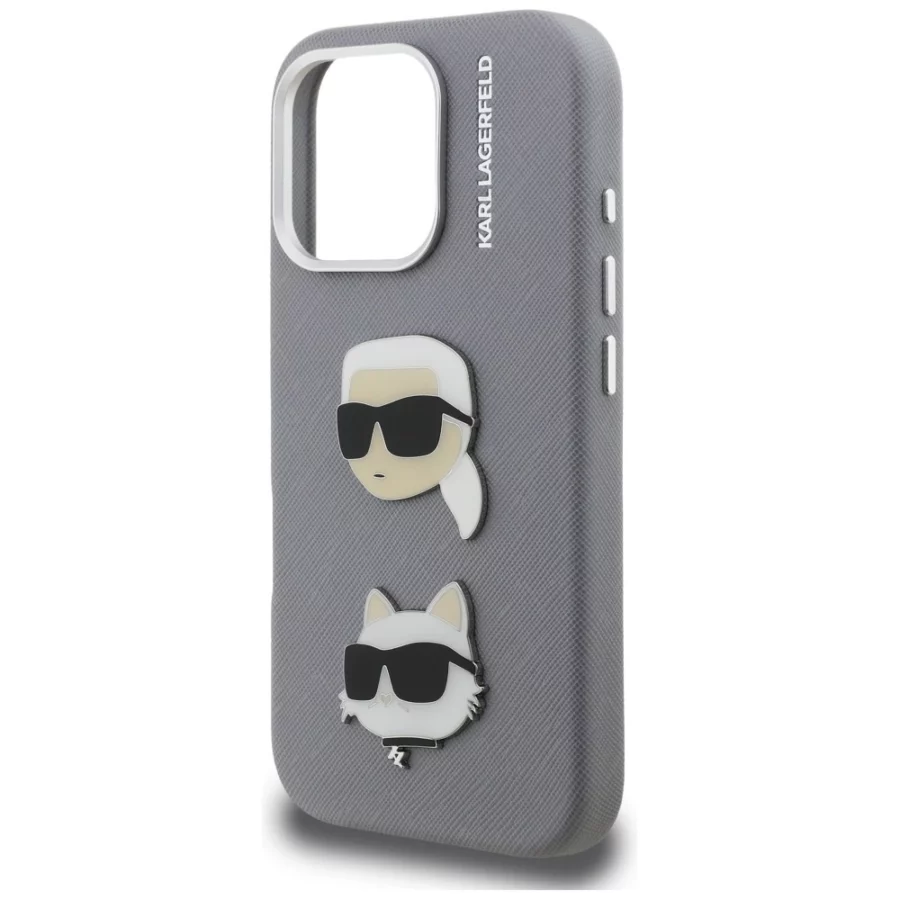 Etui Karl Lagerfeld FW Grained Karl & Choupette Heads Pins na iPhone 16 Pro Max - szare