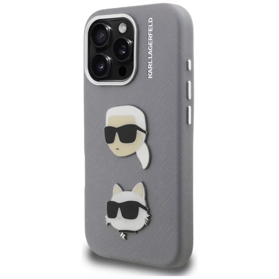 Etui Karl Lagerfeld FW Grained Karl & Choupette Heads Pins na iPhone 16 Pro - szare