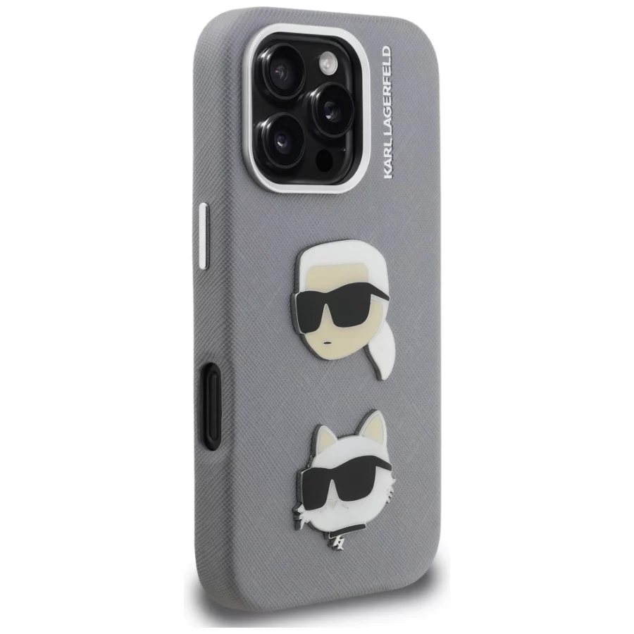 Etui Karl Lagerfeld FW Grained Karl & Choupette Heads Pins na iPhone 16 Pro - szare
