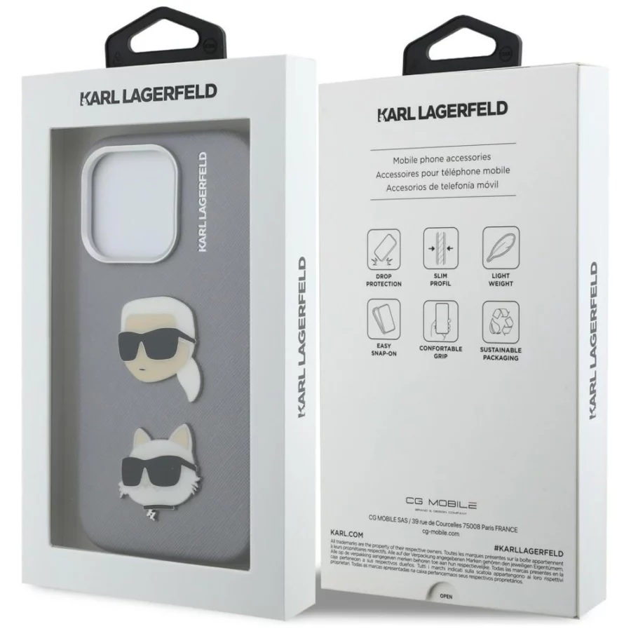 Etui Karl Lagerfeld FW Grained Karl & Choupette Heads Pins na iPhone 16 Pro - szare