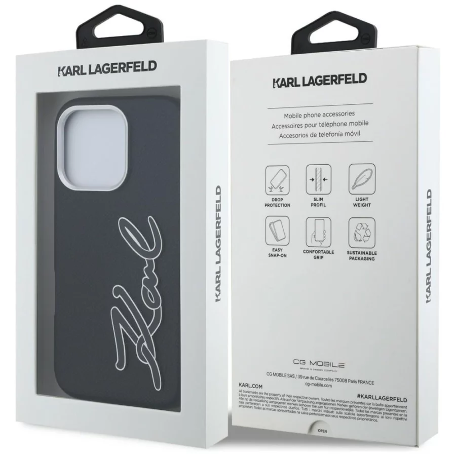 Etui Karl Lagerfeld FW Grained Signature Logo na iPhone 16 Pro Max - czarne