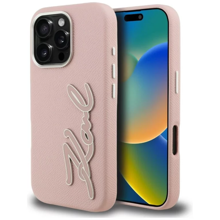 Etui Karl Lagerfeld FW Grained Signature Logo na iPhone 16 Pro - różowe
