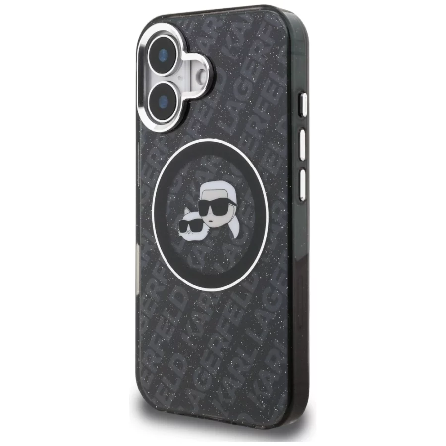 Etui Karl Lagerfeld IML Glitter Karl & Choupette Heads Logo MagSafe na iPhone 16 - czarne