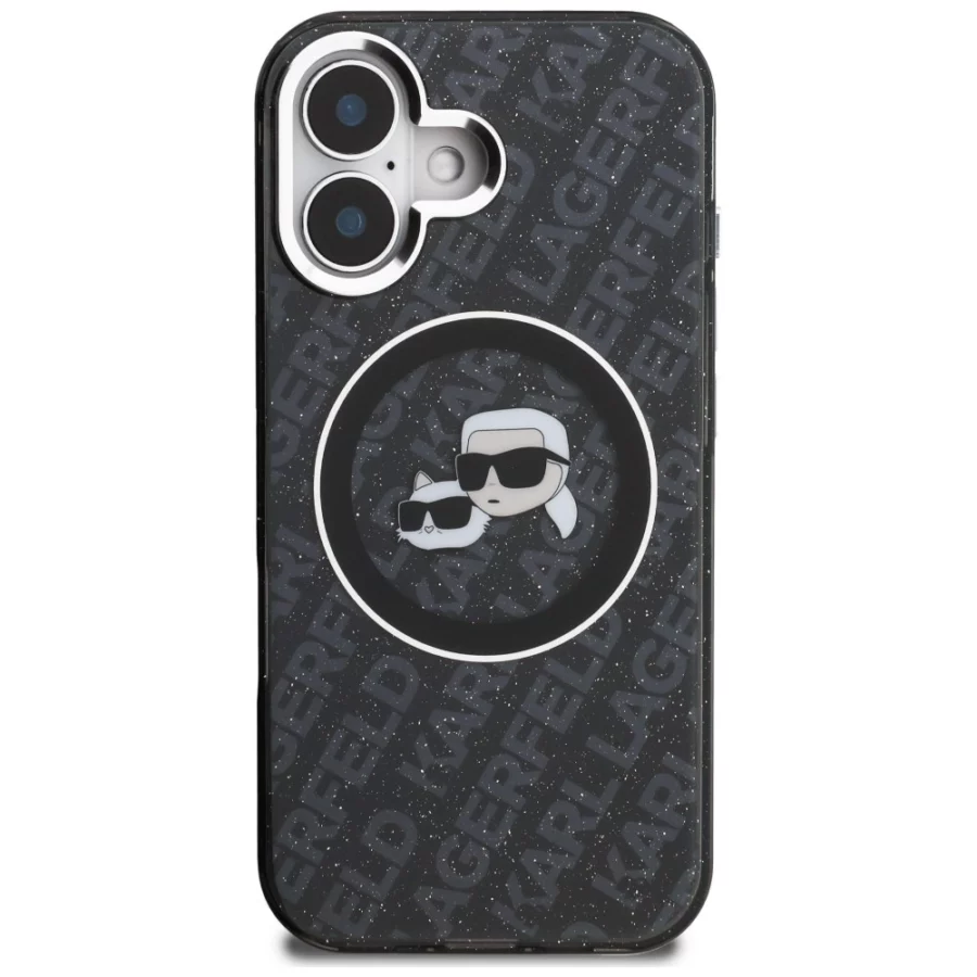 Etui Karl Lagerfeld IML Glitter Karl & Choupette Heads Logo MagSafe na iPhone 16 - czarne