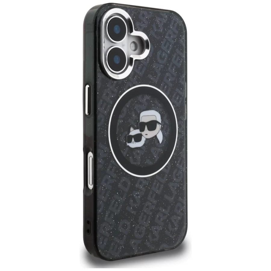 Etui Karl Lagerfeld IML Glitter Karl & Choupette Heads Logo MagSafe na iPhone 16 - czarne