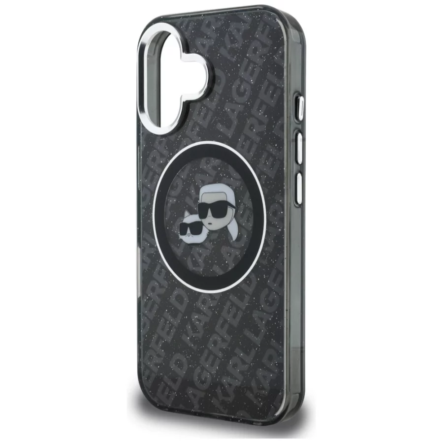 Etui Karl Lagerfeld IML Glitter Karl & Choupette Heads Logo MagSafe na iPhone 16 - czarne