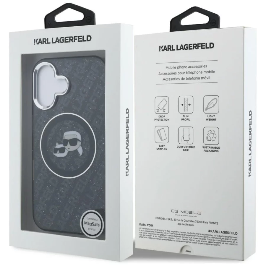 Etui Karl Lagerfeld IML Glitter Karl & Choupette Heads Logo MagSafe na iPhone 16 - czarne