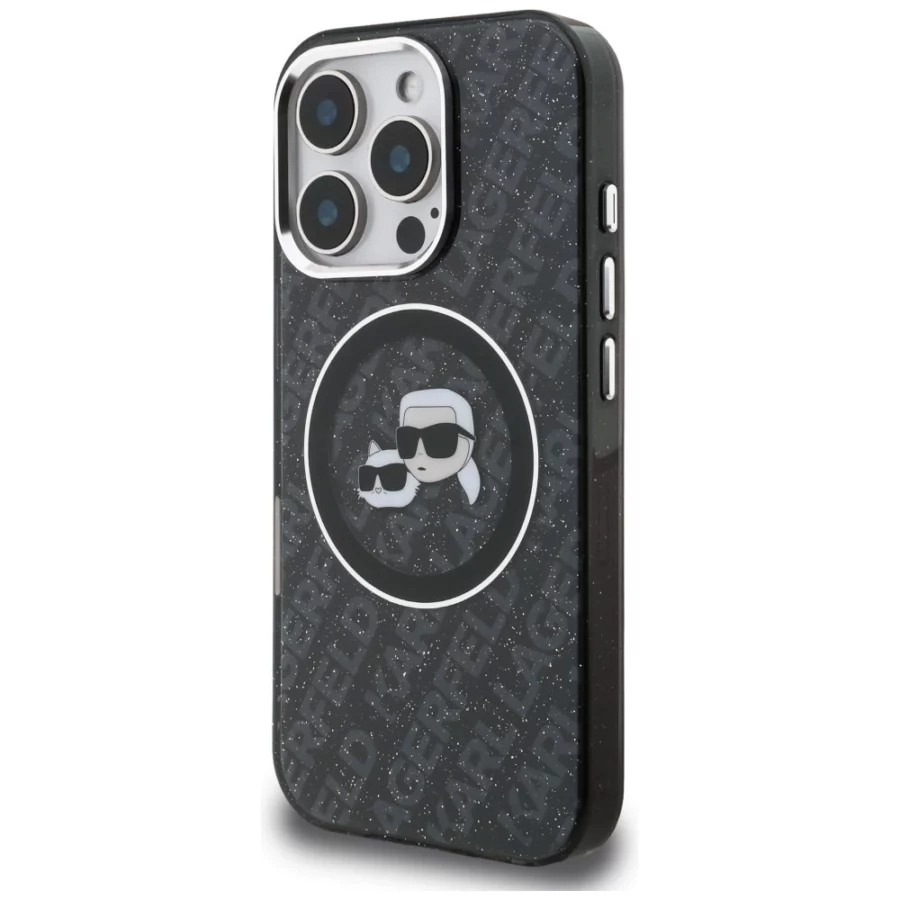 Etui Karl Lagerfeld IML Glitter Karl & Choupette Heads Logo MagSafe na iPhone 16 Pro - czarne
