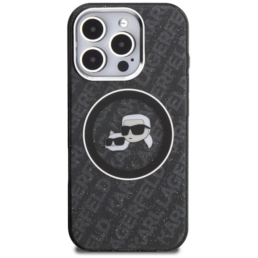 Etui Karl Lagerfeld IML Glitter Karl & Choupette Heads Logo MagSafe na iPhone 16 Pro - czarne