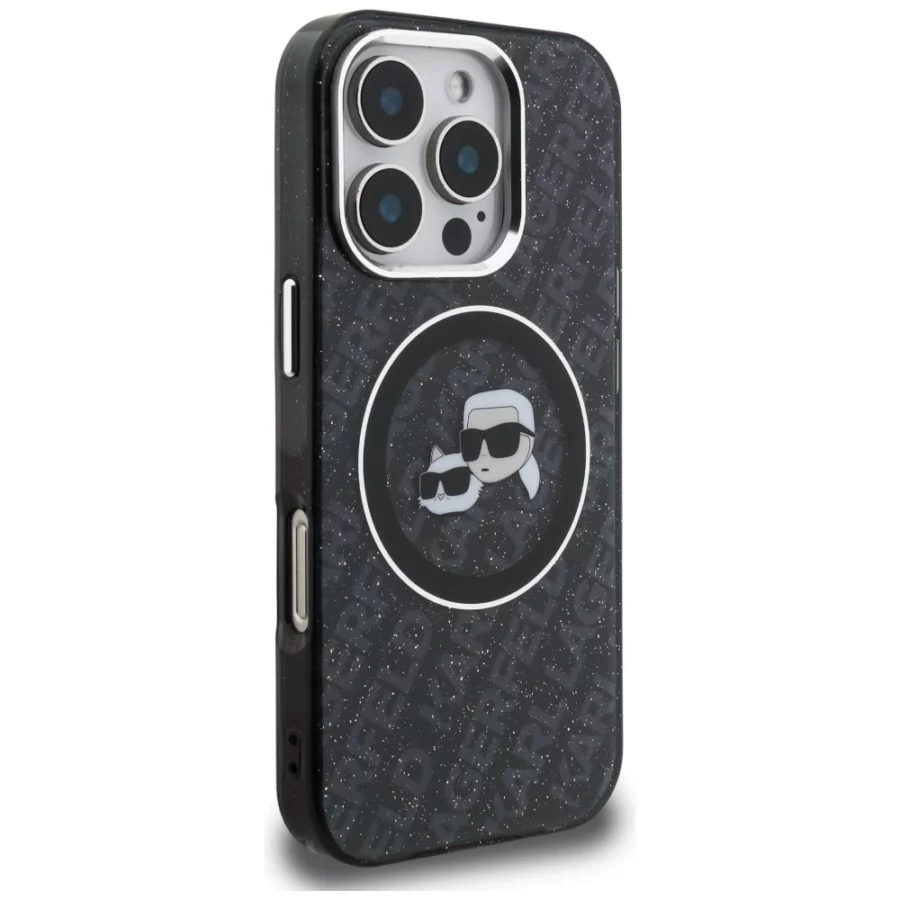 Etui Karl Lagerfeld IML Glitter Karl & Choupette Heads Logo MagSafe na iPhone 16 Pro - czarne