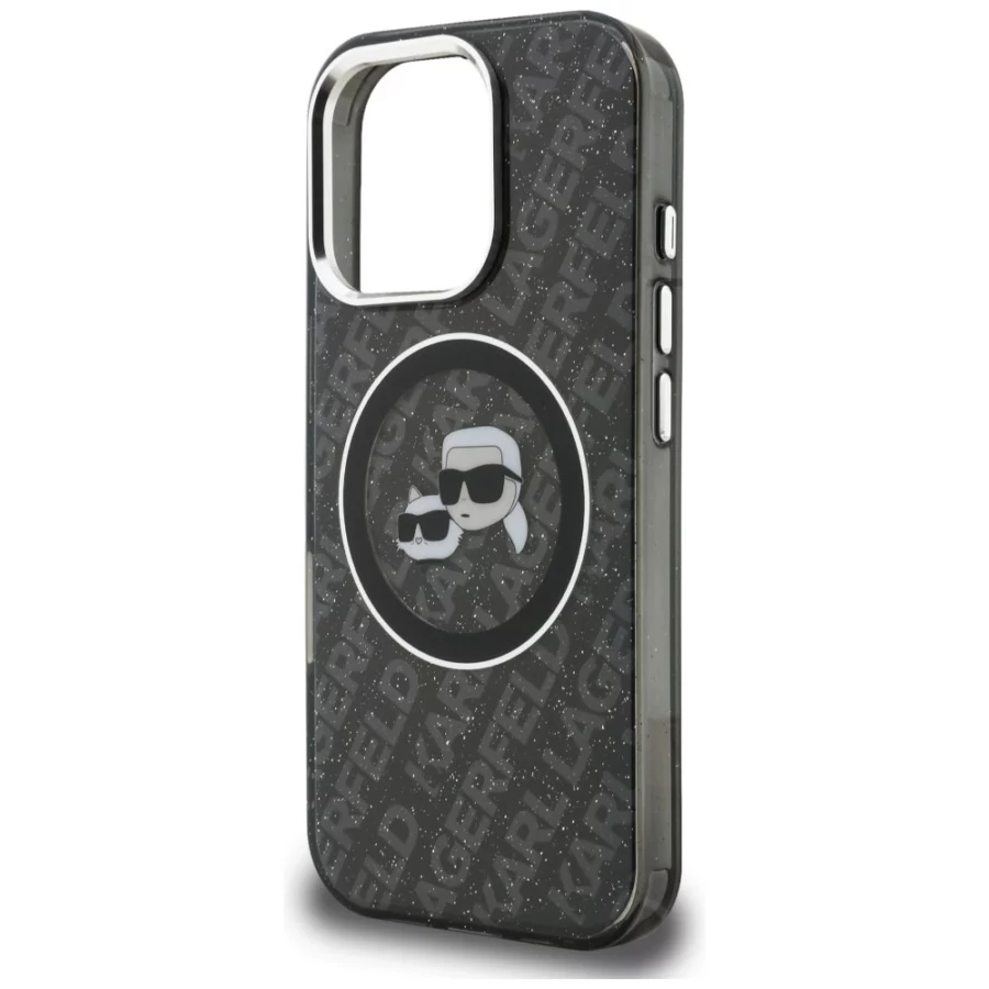 Etui Karl Lagerfeld IML Glitter Karl & Choupette Heads Logo MagSafe na iPhone 16 Pro - czarne