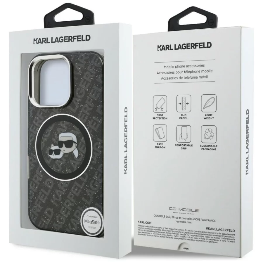 Etui Karl Lagerfeld IML Glitter Karl & Choupette Heads Logo MagSafe na iPhone 16 Pro - czarne