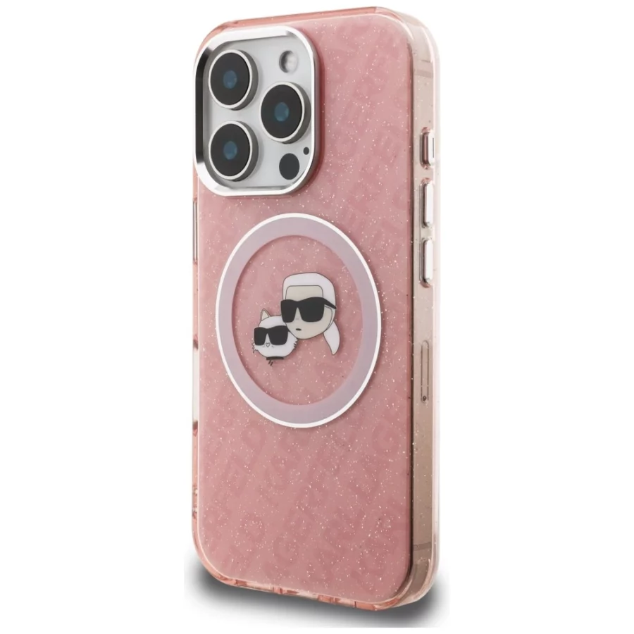 Etui Karl Lagerfeld IML Glitter Karl & Choupette Heads Logo MagSafe na iPhone 16 Pro - różowe