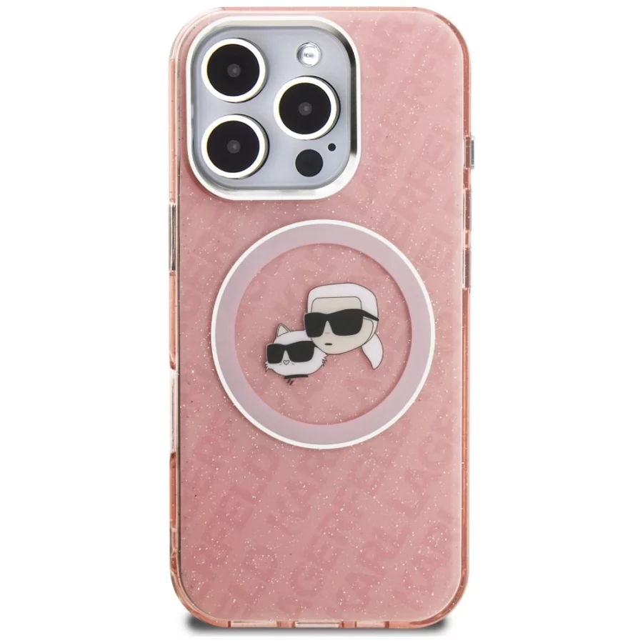 Etui Karl Lagerfeld IML Glitter Karl & Choupette Heads Logo MagSafe na iPhone 16 Pro - różowe