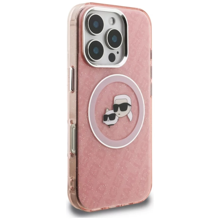 Etui Karl Lagerfeld IML Glitter Karl & Choupette Heads Logo MagSafe na iPhone 16 Pro - różowe