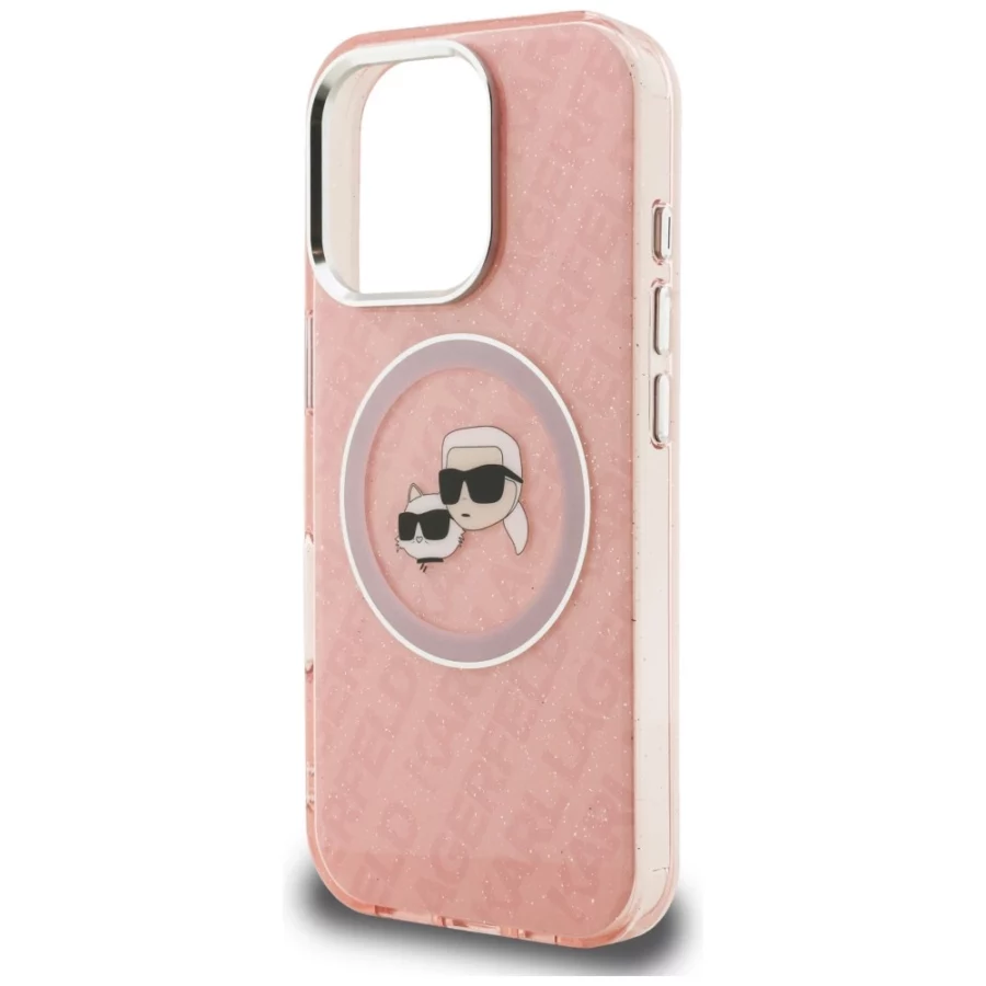 Etui Karl Lagerfeld IML Glitter Karl & Choupette Heads Logo MagSafe na iPhone 16 Pro - różowe