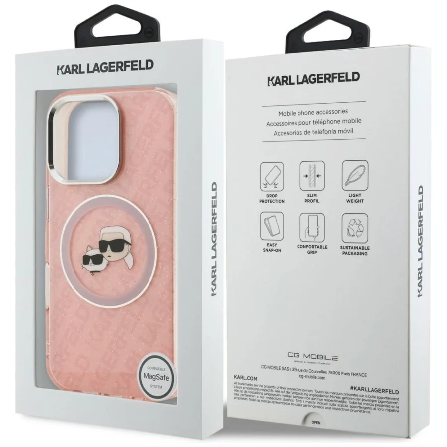 Etui Karl Lagerfeld IML Glitter Karl & Choupette Heads Logo MagSafe na iPhone 16 Pro - różowe