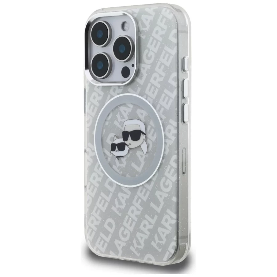 Etui Karl Lagerfeld IML Glitter Karl & Choupette Heads Logo MagSafe na iPhone 16 Pro - szare