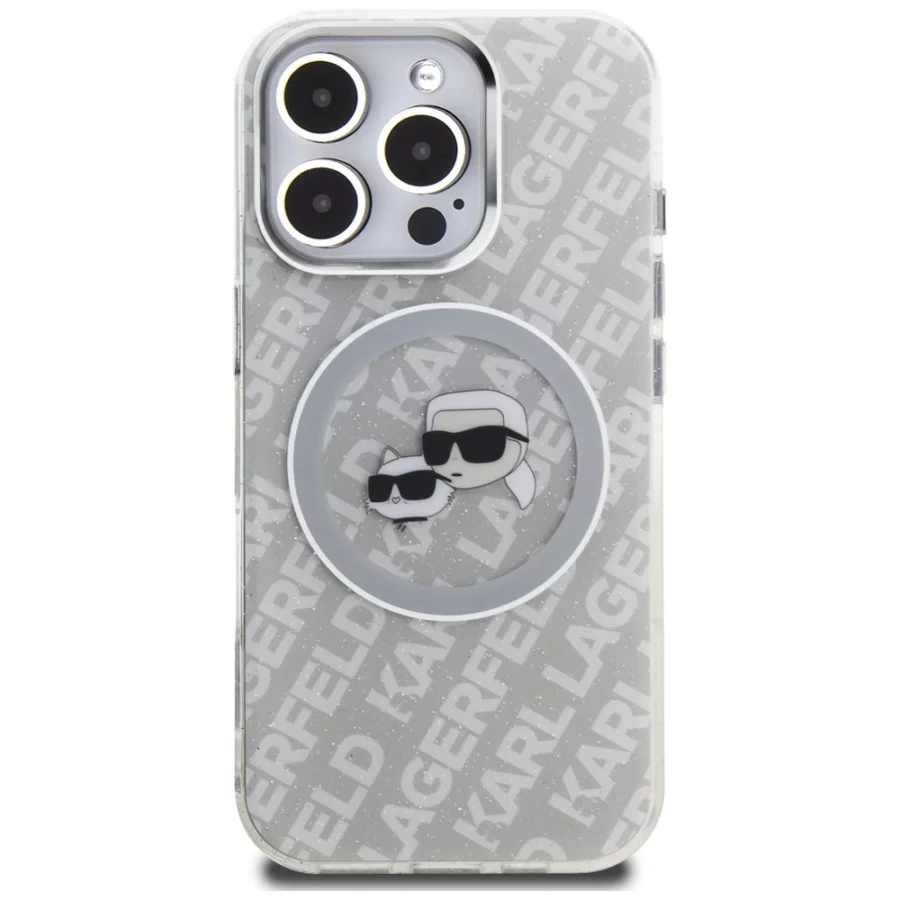 Etui Karl Lagerfeld IML Glitter Karl & Choupette Heads Logo MagSafe na iPhone 16 Pro - szare