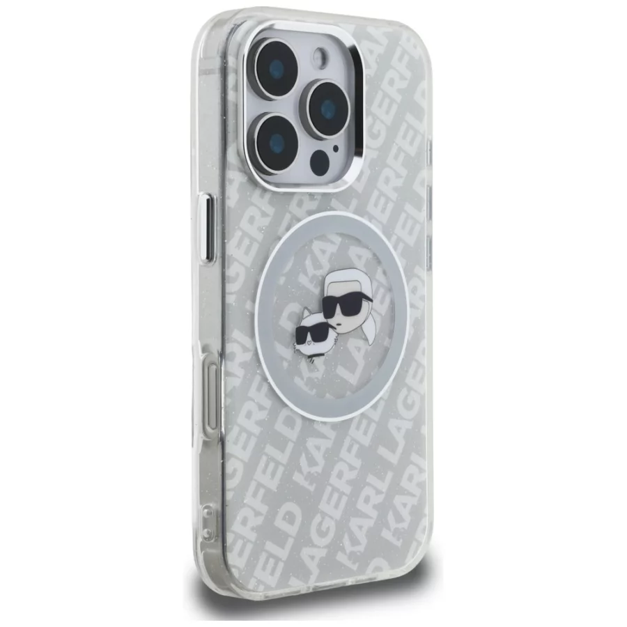 Etui Karl Lagerfeld IML Glitter Karl & Choupette Heads Logo MagSafe na iPhone 16 Pro - szare