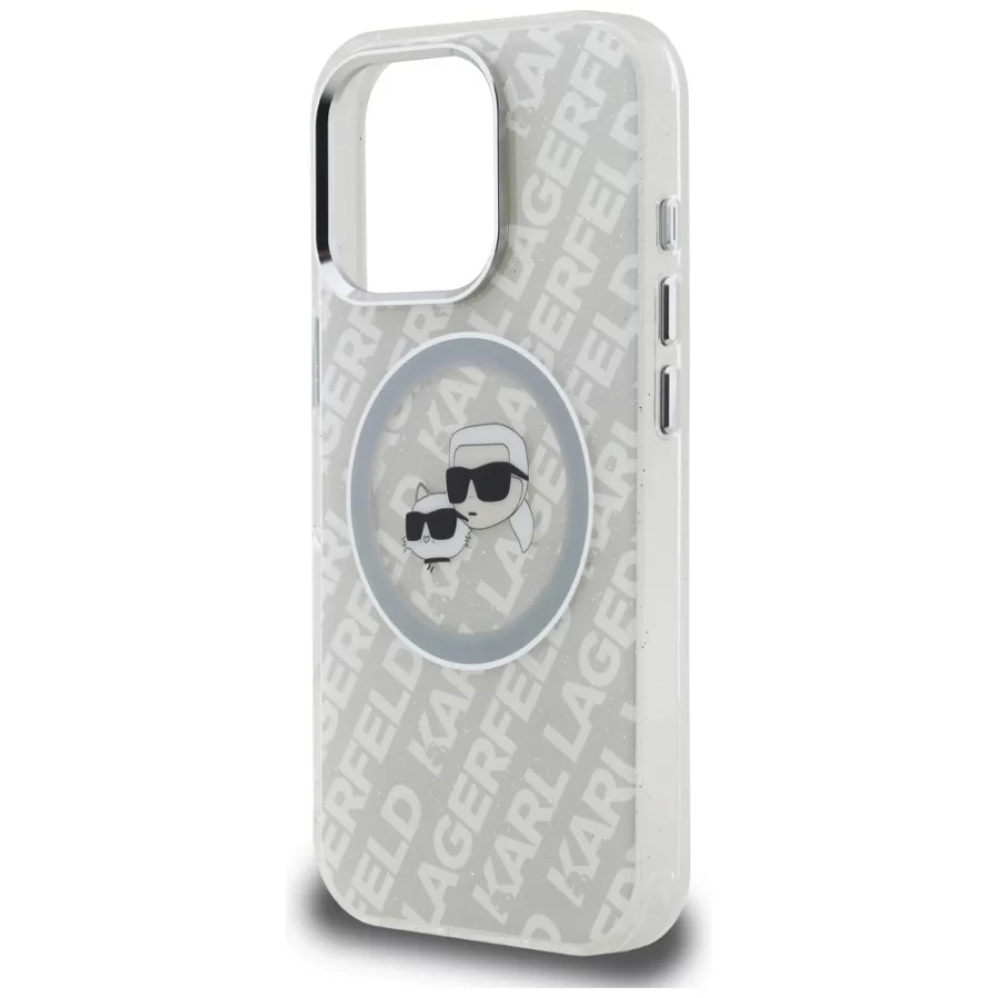 Etui Karl Lagerfeld IML Glitter Karl & Choupette Heads Logo MagSafe na iPhone 16 Pro - szare
