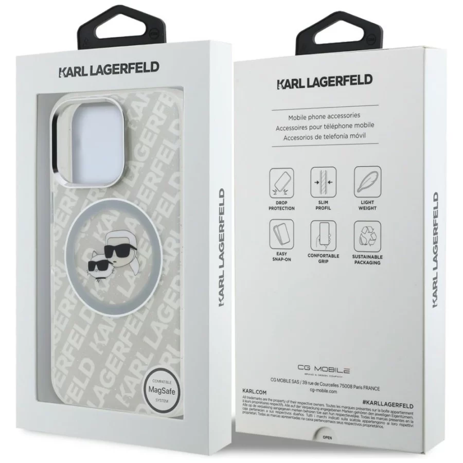 Etui Karl Lagerfeld IML Glitter Karl & Choupette Heads Logo MagSafe na iPhone 16 Pro - szare