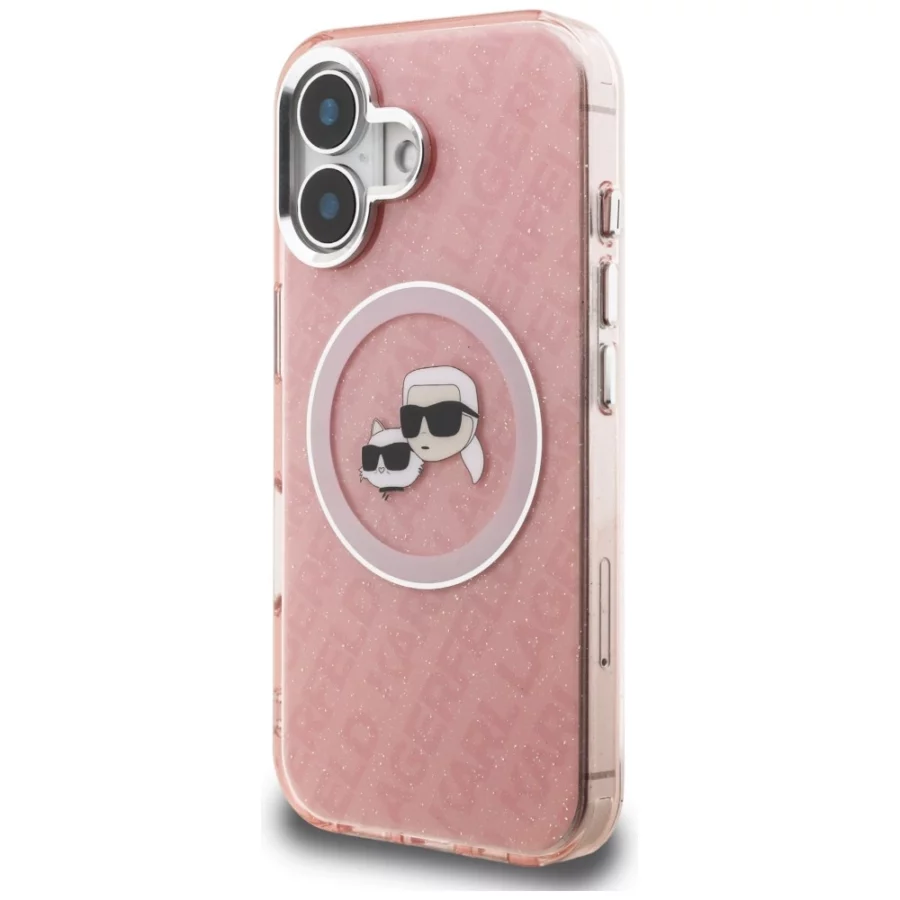 Etui Karl Lagerfeld IML Glitter Karl & Choupette Heads Logo MagSafe na iPhone 16 - różowe