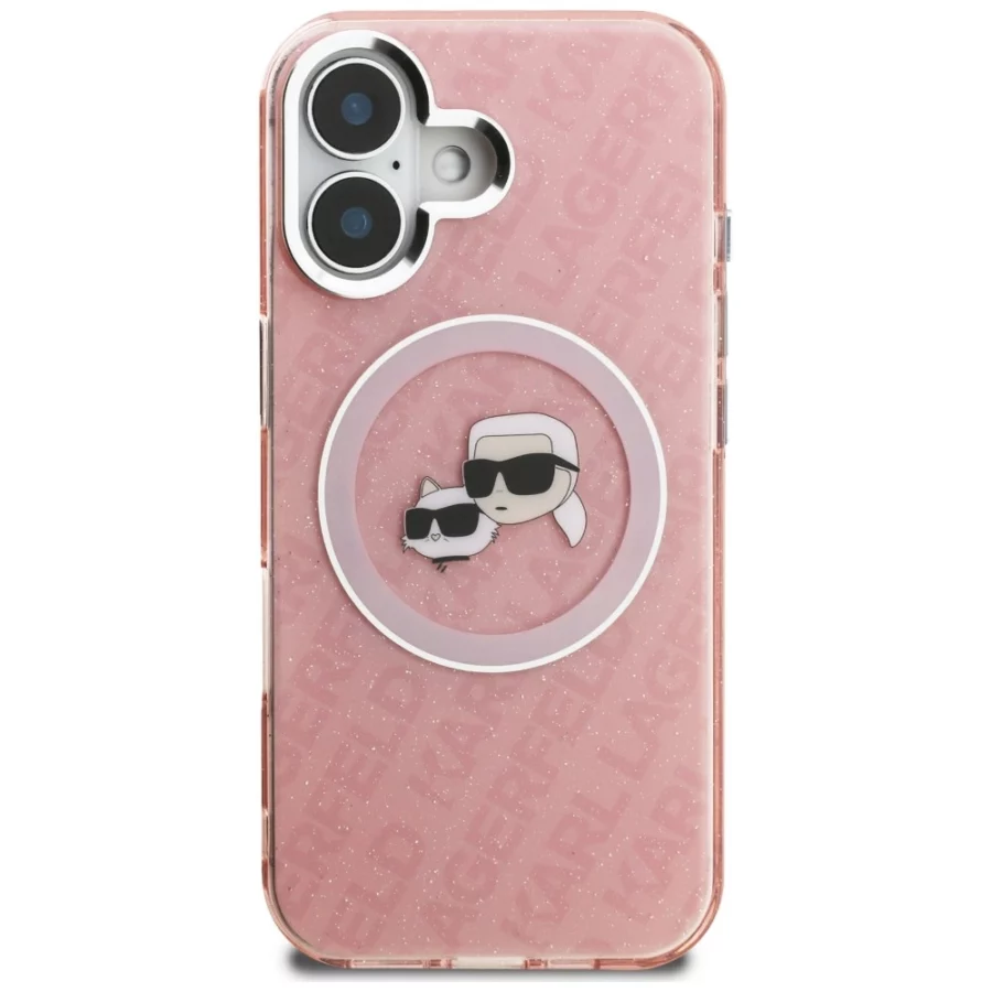Etui Karl Lagerfeld IML Glitter Karl & Choupette Heads Logo MagSafe na iPhone 16 - różowe