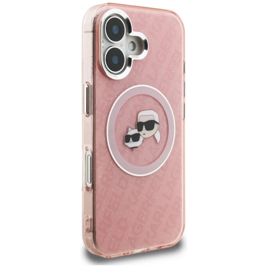 Etui Karl Lagerfeld IML Glitter Karl & Choupette Heads Logo MagSafe na iPhone 16 - różowe