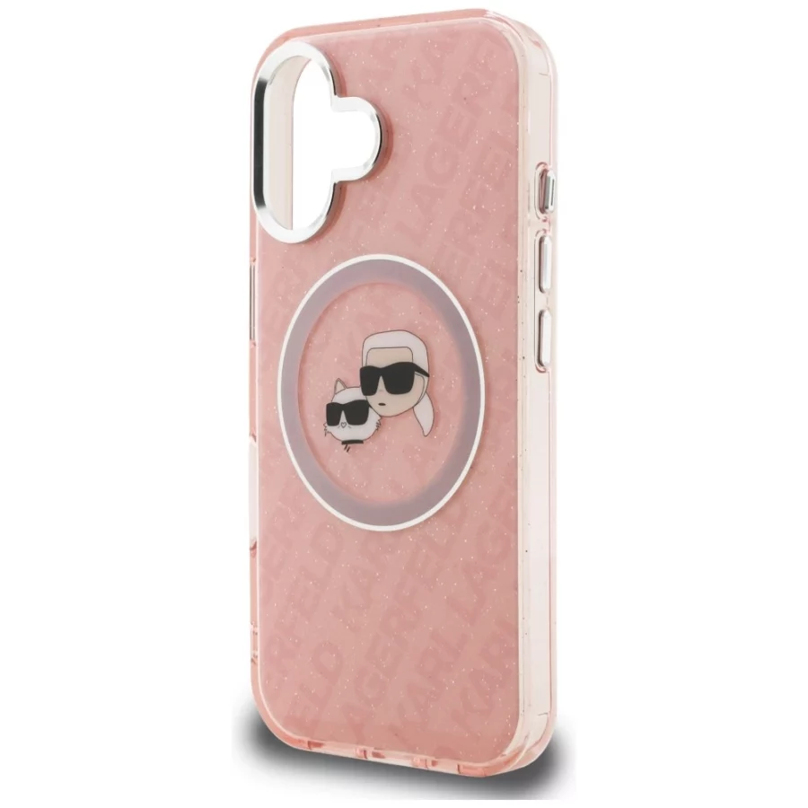 Etui Karl Lagerfeld IML Glitter Karl & Choupette Heads Logo MagSafe na iPhone 16 - różowe