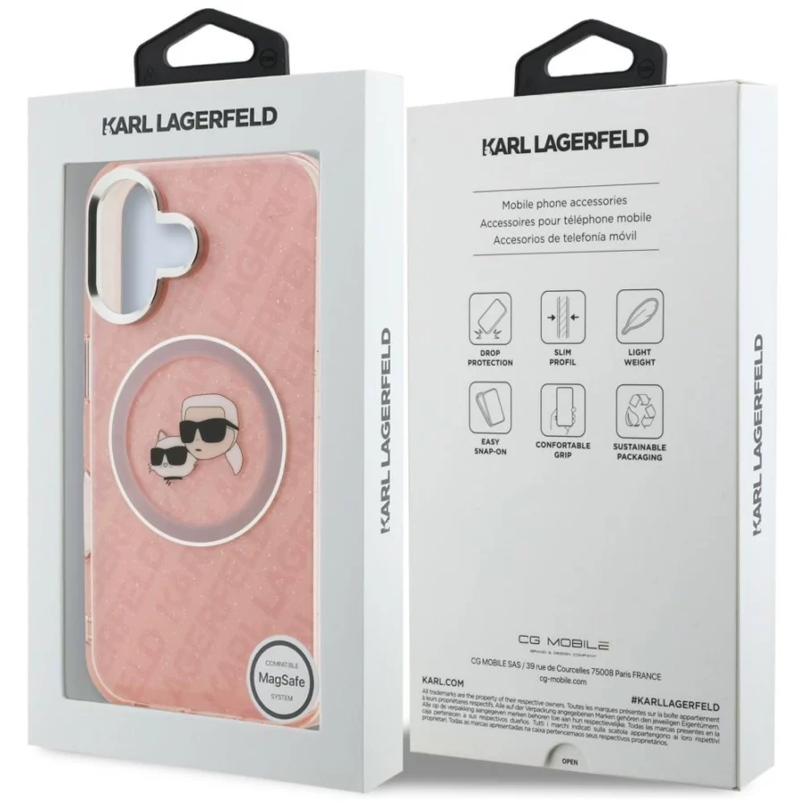 Etui Karl Lagerfeld IML Glitter Karl & Choupette Heads Logo MagSafe na iPhone 16 - różowe